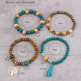 Juego de pulseras con diseño de árbol de la vida estilo bohemio para mujer, con borlas a la moda, cuentas de madera, cadena elástica, joyería de fiesta moderna para niña