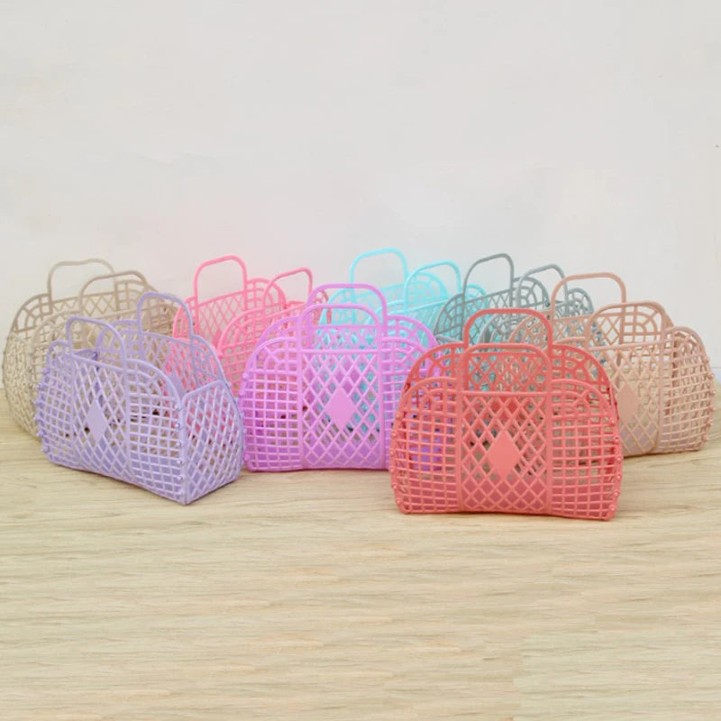 Bolsa de gran capacidad, bolsa de playa hueca, bolsa de mano portátil para vacaciones, cesta de baño portátil de plástico reutilizable y fácil de limpiar