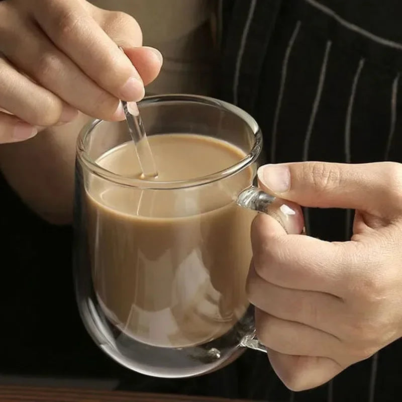 Taza de vidrio de doble pared resistente al calor: taza transparente hecha a mano para café, té y cerveza 