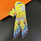 Elegant Twill Silk Ribbon Scarf – Elephant Print Long Hair & Bag Accessory