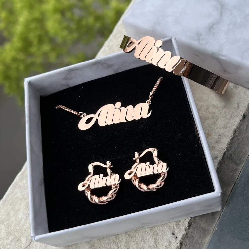 Personalized Jewelry Set - Custom Name Necklace, Bangles & Hoop Earrings