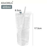 Vaso de vidrio a rayas con tapa y pajita: elegante vaso transparente para beber jugo, agua y café helado