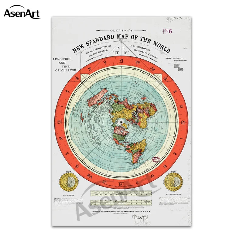 Vintage Flat Earth Map Scroll – Retro Canvas Wall Art with Wooden Hanger