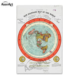 Vintage Flat Earth Map Scroll – Retro Canvas Wall Art with Wooden Hanger