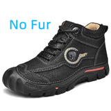Men’s Winter Leather Ankle Boots – Lace-Up Cowhide Boots with Plush Lining for Cold Weather