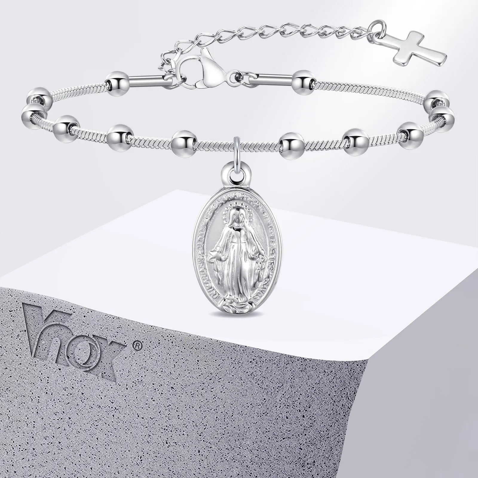 Pulsera de rosario de acero inoxidable de moda: elegante pulsera con dije de cruz para mujer 