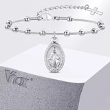 Pulsera de rosario de acero inoxidable de moda: elegante pulsera con dije de cruz para mujer 