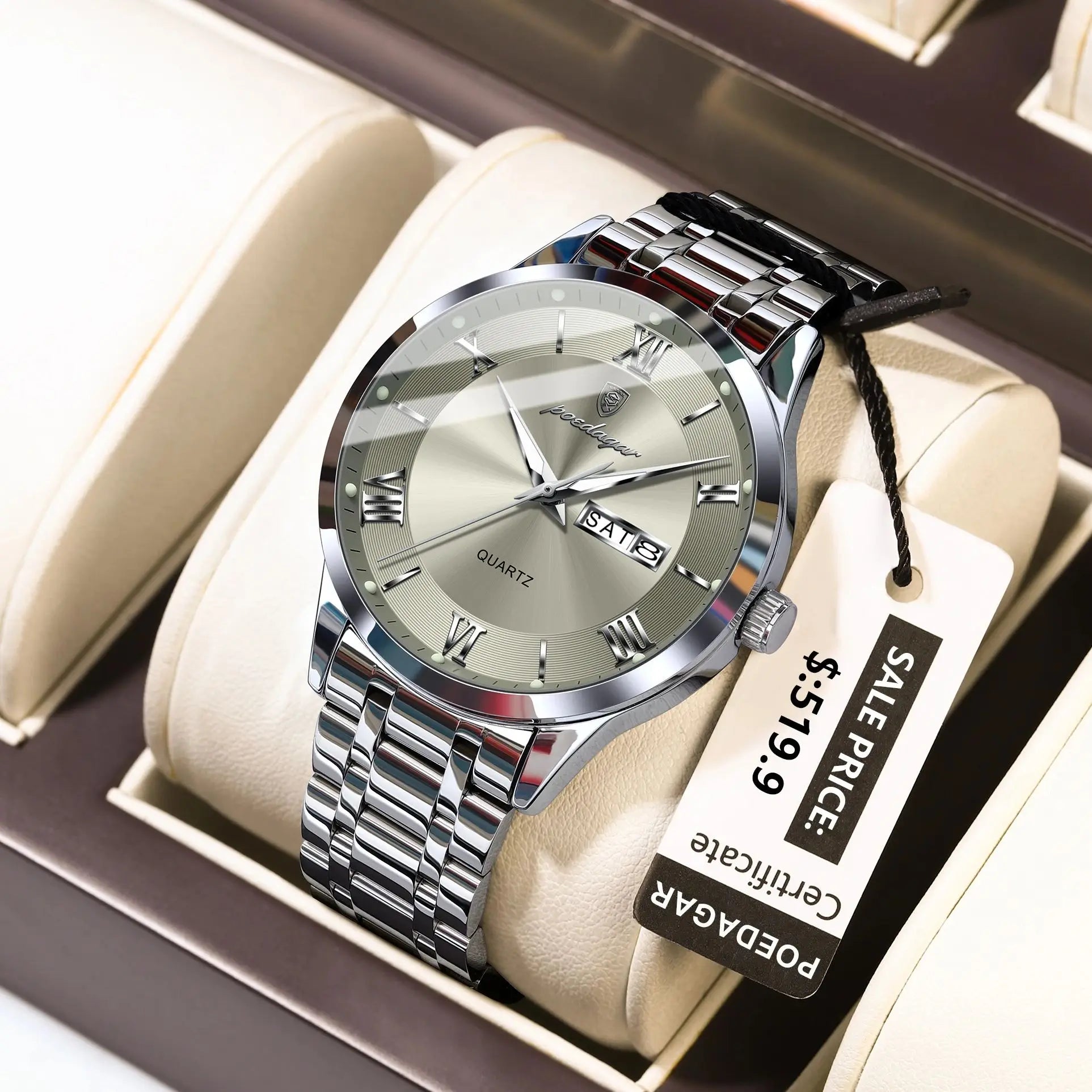 Men's Luxury Stainless Steel Watch – Waterproof, Luminous, Date & Week Display