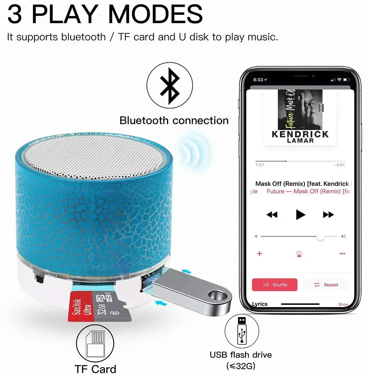 Mini Wireless Bluetooth Speaker with LED Lights & Super Bass – Portable Stereo Sound for Home & Outdoor Use