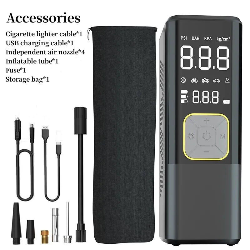 Portable Electric Air Pump with Tire Inflator, Pressure Gauge & Emergency Light