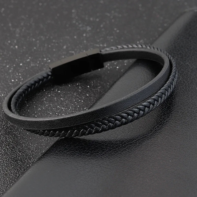 Men's Genuine Leather Bracelet - Stainless Steel Double-Layer Braided Bangle