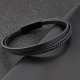 Men's Genuine Leather Bracelet - Stainless Steel Double-Layer Braided Bangle