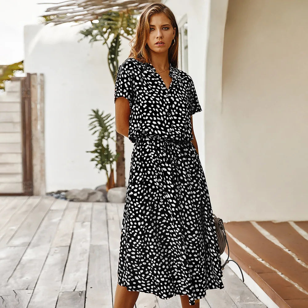 Women’s Vintage Floral Print Boho Dress – Casual Short Sleeve Mid-Calf Shirt Dress