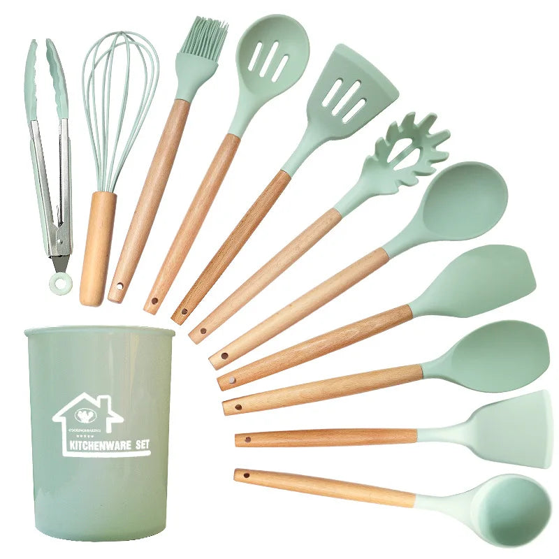 Juego de utensilios de cocina de silicona de 12 piezas: herramientas de cocina antiadherentes y resistentes al calor con mangos de madera