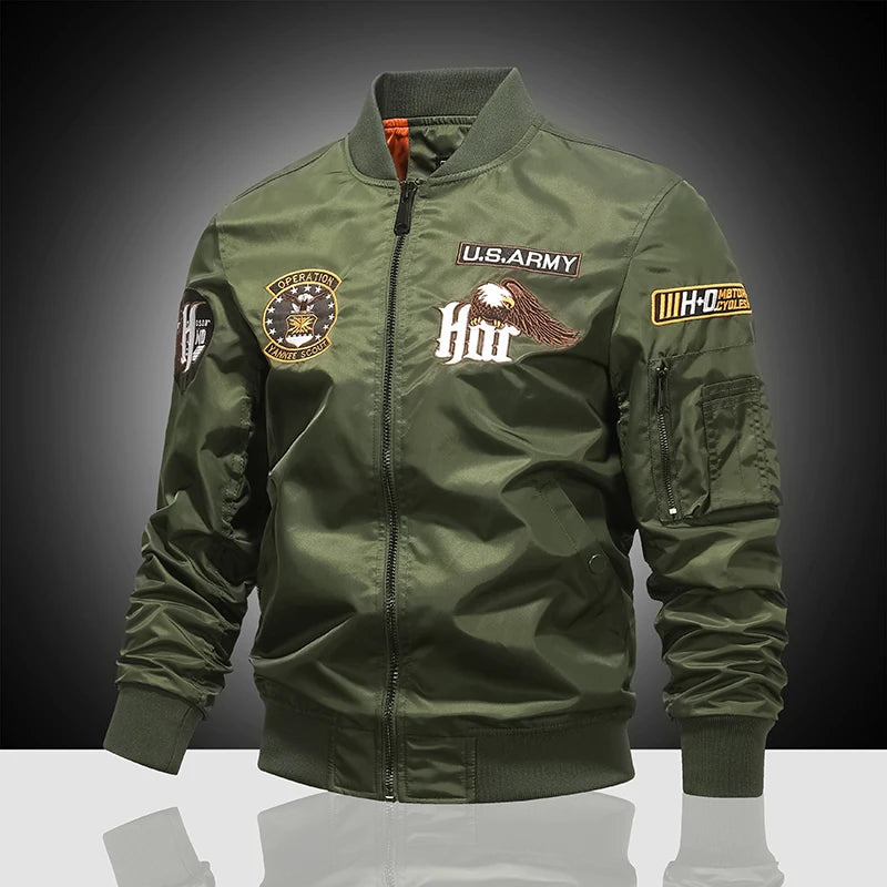 Men’s Embroidered Cartoon Bomber Jacket – Military Style Casual Outerwear