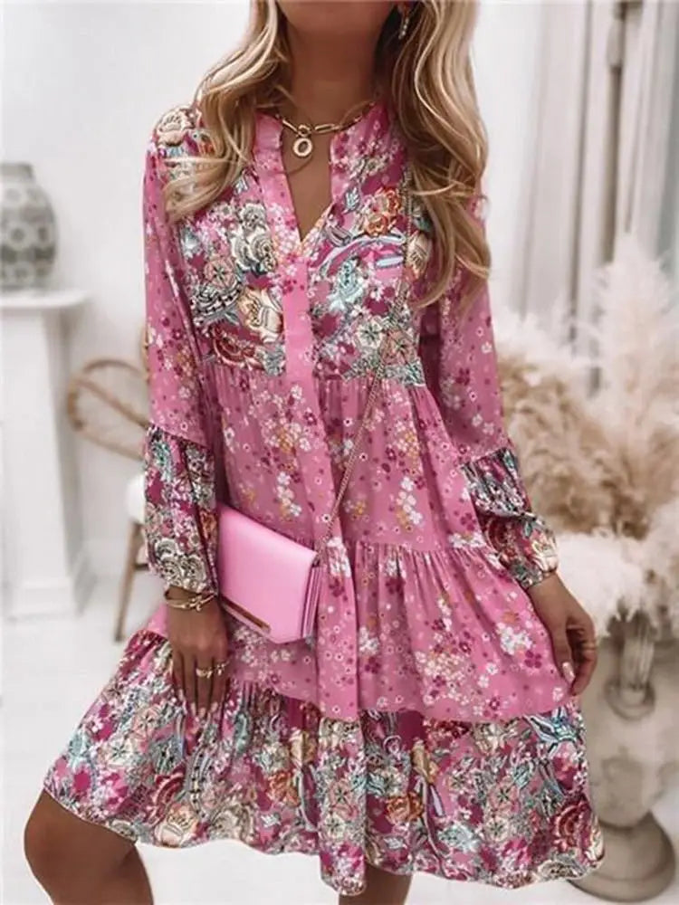 Boho Floral Print Dress – 2024 Summer V-Neck A-Line Beach Dress for Women