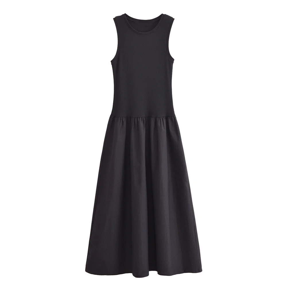 Women's Slim Fit Long Vest Dress - Casual Solid Color Splicing Maxi Skirt