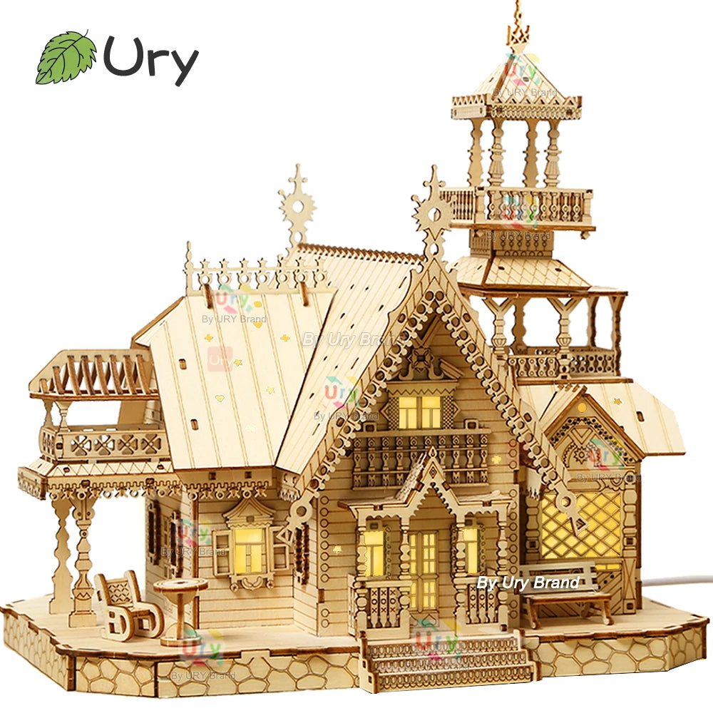 3D Wooden Castle Puzzle - DIY Villa House Model Kit with LED Lights