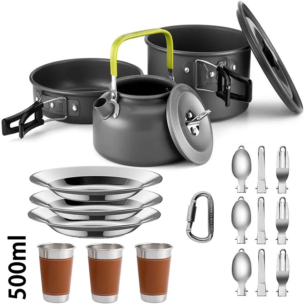 Juego de utensilios de cocina para acampar: juego de vajilla y utensilios de cocina para exteriores antiadherentes con tetera