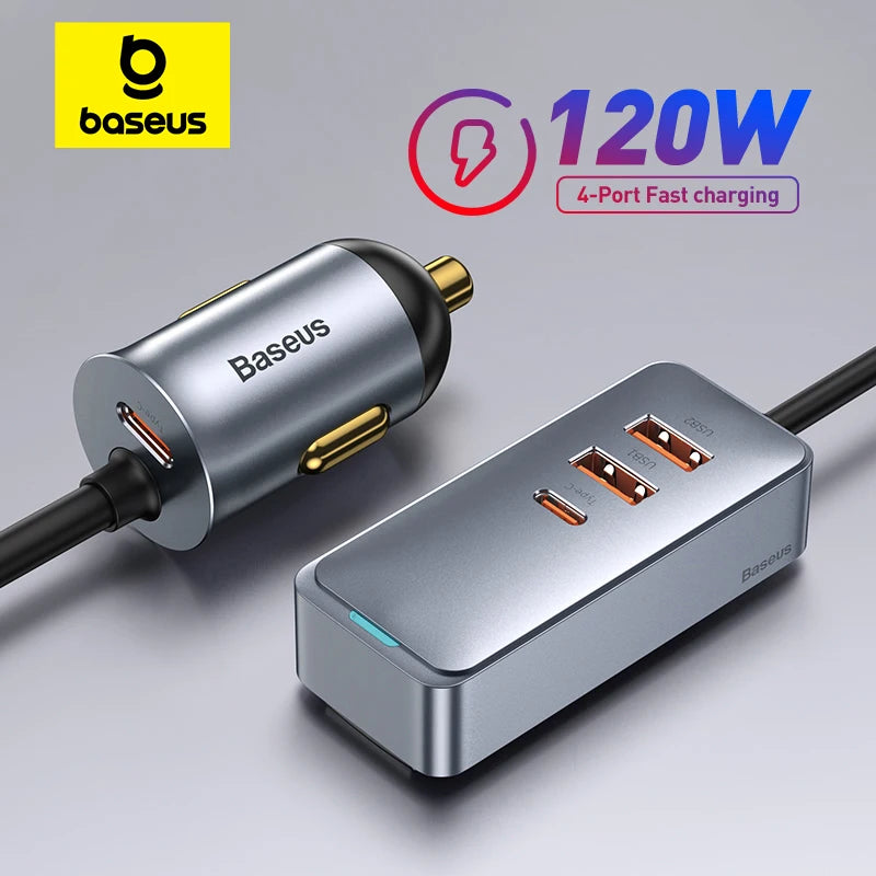 120W Fast Car Charger – Multi-Port USB & Type-C Adapter with Extension Cord