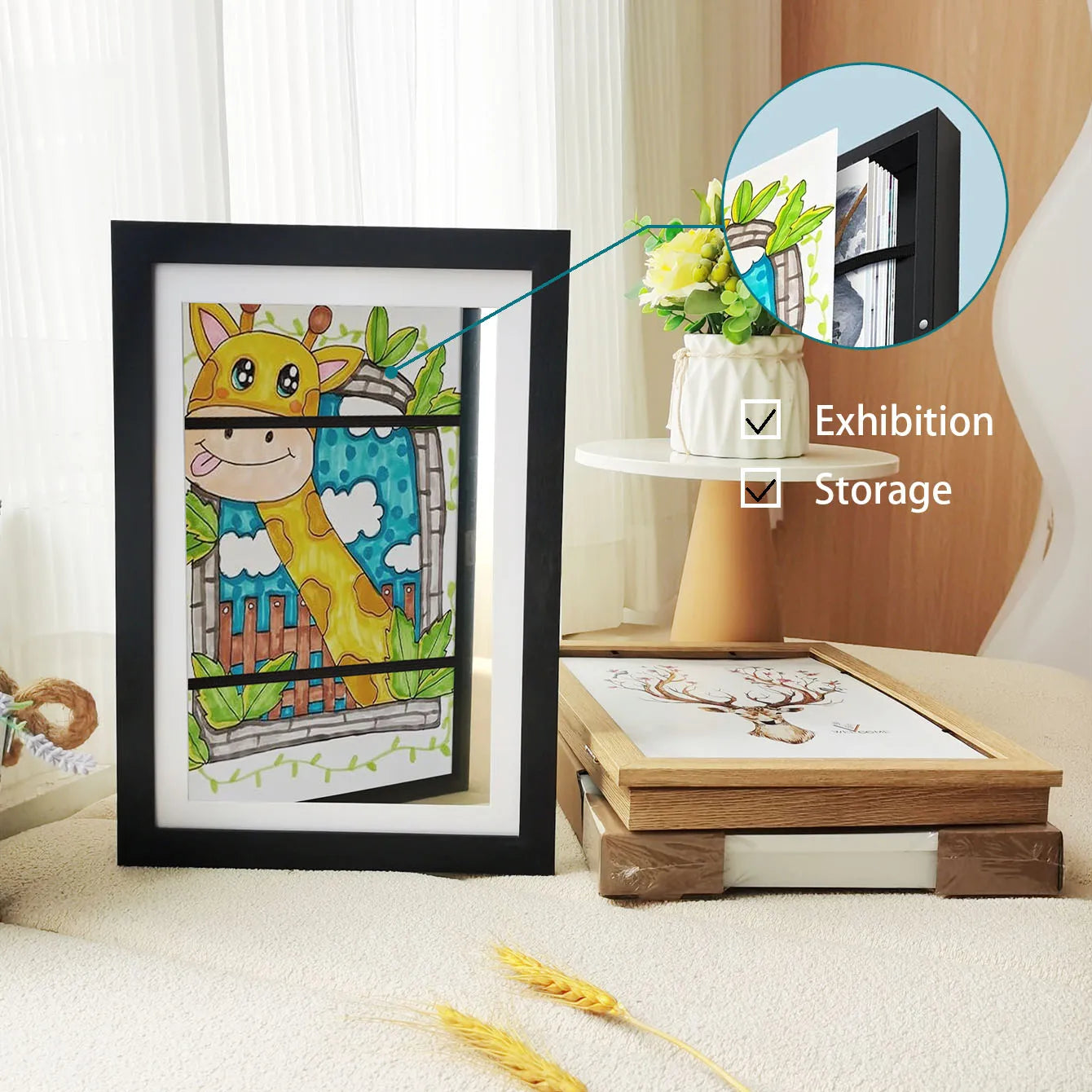 Modern Wall-Mount Art Display Frame – Resin A4 Artwork Storage with Elastic Straps