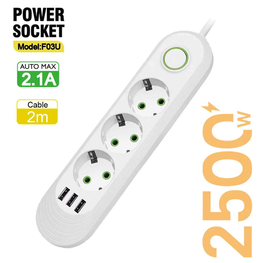 EU Plug Power Strip – 3 USB Ports, 2500W Capacity with Extension Cord