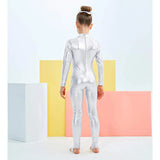 Shiny Metallic Long Sleeve Dance Unitard for Kids – Full-Length Spandex Bodysuit