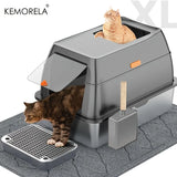 Caja de arena para gatos cerrada de acero inoxidable XL: diseño de doble entrada con pala para una limpieza fácil