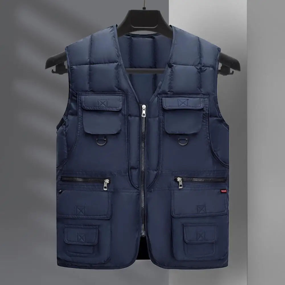 Men’s V-Neck Sleeveless Utility Vest – Warm Zipper Waistcoat with Multi Pockets for Autumn & Winter