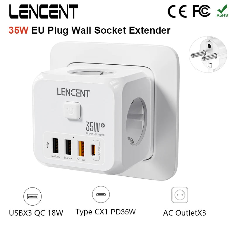 Regleta de enchufes UE 7 en 1 de LENCENT: 3 tomas de CA, 3 puertos USB (QC 18 W), 1 PD tipo C de 35 W de carga rápida