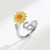 Sunflower Spinner Ring - Stainless Steel Initial Letter Anxiety Relief Jewelry for Women