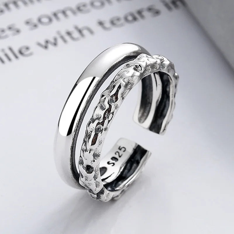 Anillo minimalista de doble capa en plata de ley 925: joyería retro, hipoalergénica y hecha a mano