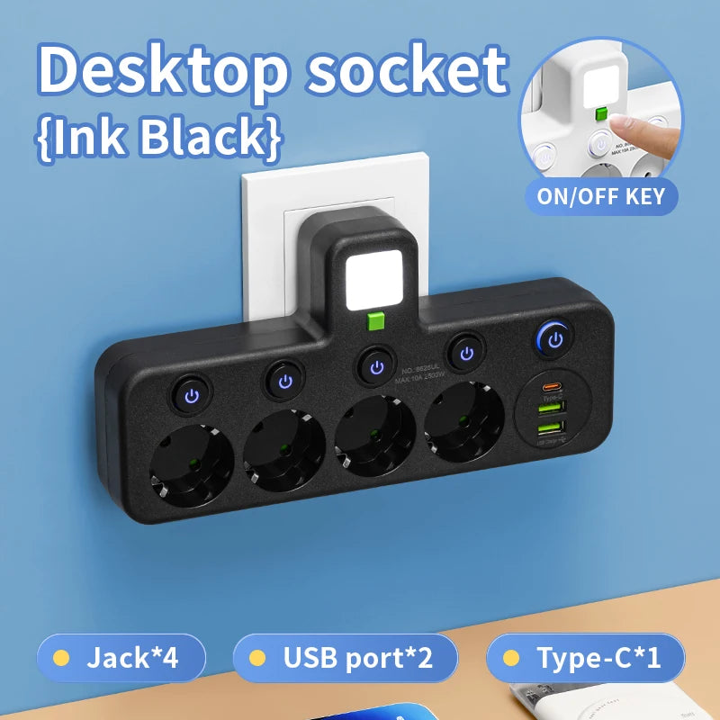 Regleta con enchufe europeo: protector contra sobretensiones de 4 y 5 tomas con puertos USB y tipo C