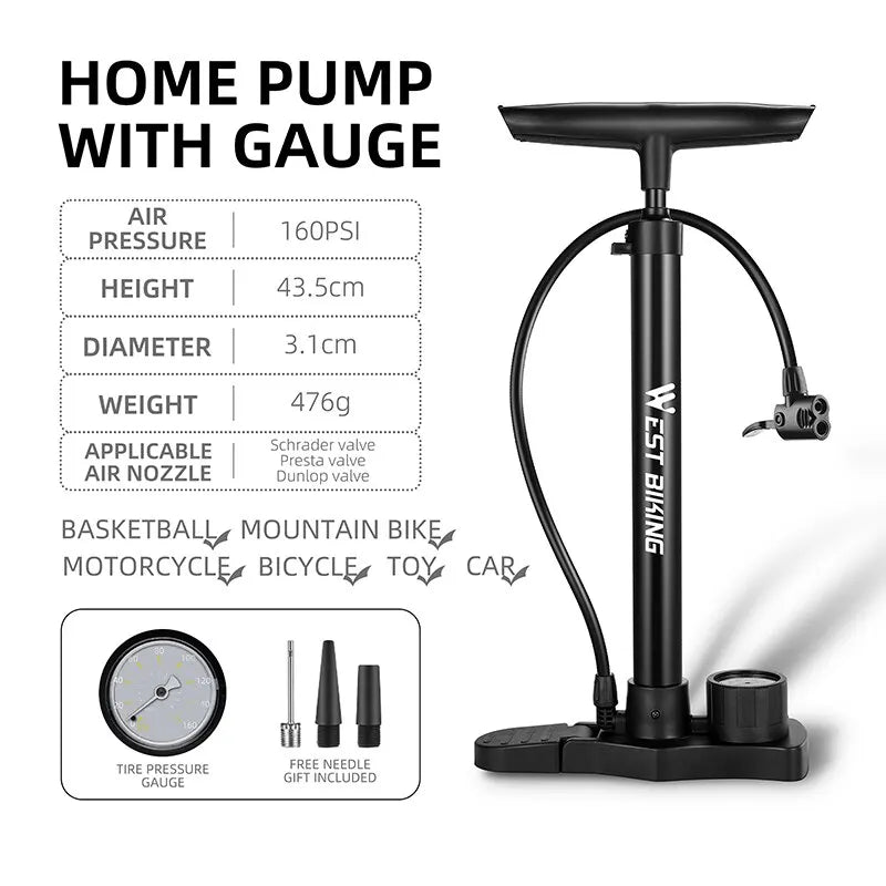 High-Pressure Manual Bike Pump with Gauge – 160PSI for Bicycle, Motorcycle, Balls & More