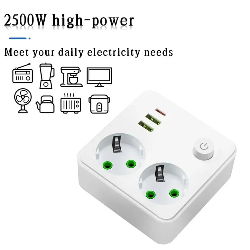Toma de corriente europea AYANJIN | 2 enchufes + 2 USB + 1 tipo C | Regleta de alimentación de 2500 W máx.