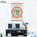 Vintage Flat Earth Map Scroll – Retro Canvas Wall Art with Wooden Hanger