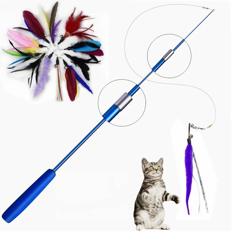 3-Section Telescopic Cat Teaser Wand – Interactive Feather Toy with 5 Refill Attachments