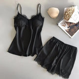 Conjunto de pijama para mujer, moda, escote en V, satén elástico, babydoll, encaje, lencería sexy, pijama con lazo, pantalones cortos para dormir, ropa de dormir nueva