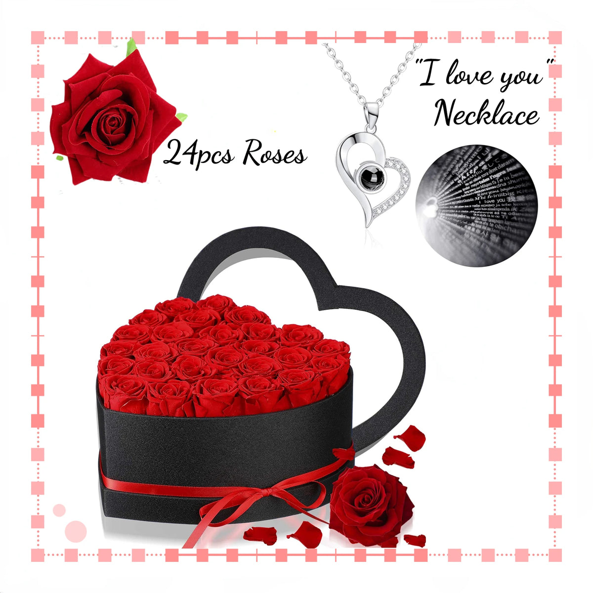 24pc Velvet Rose Bouquet in Heart Box with "I Love You" Necklace - Valentine's Gift Set