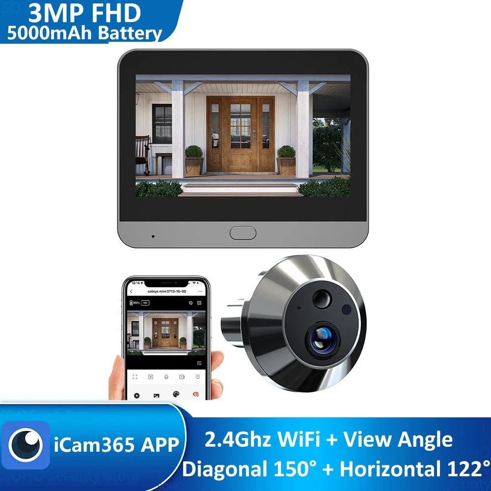 WiFi Peephole Door Camera – 3MP HD, Night Vision & Motion Detection
