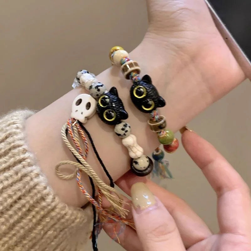 Tassel Big Eye Cat Beaded Bracelet for Women & Men – Trendy Skull Ceramic Aesthetic Party Jewelry