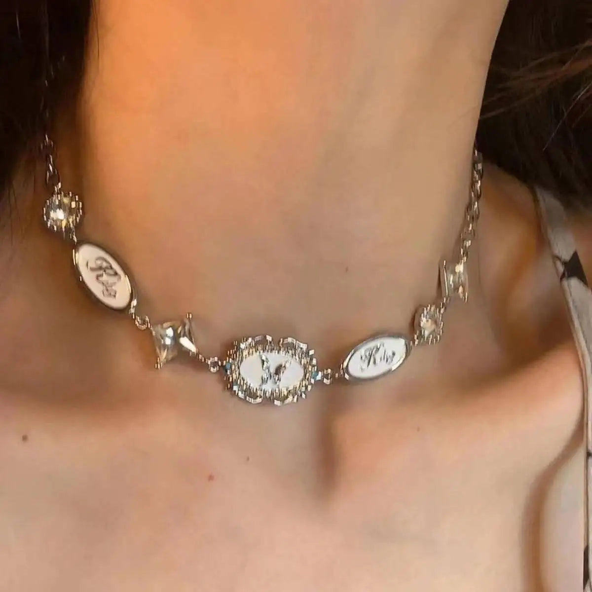 Neo-Gothic Crystal Choker Necklace – Trendy Stainless Steel Statement Jewelry for Women