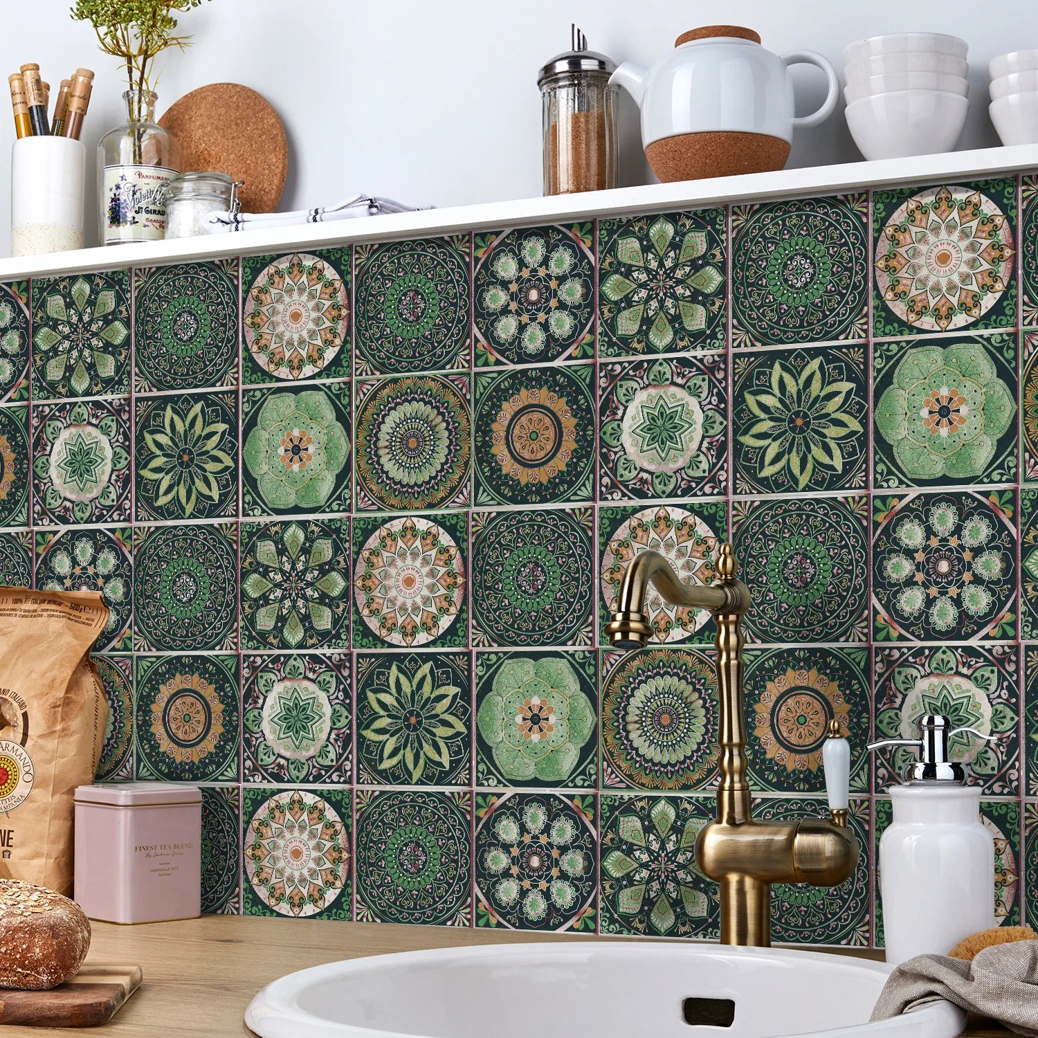 24 pegatinas de azulejos con diseño de mandala: autoadhesivas, impermeables y extraíbles para decoración de pared de cocina y baño