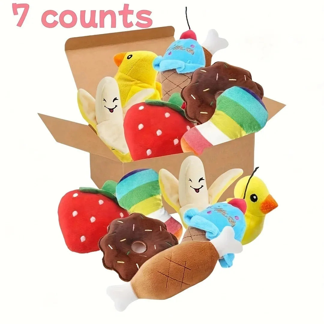 7-Piece Plush Puppy Toy Set – Squeaky Fruit & Vegetable Chew Toys for Small Dogs
