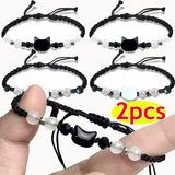 Natural Moonstone & Obsidian Couple Bracelets – Handmade Adjustable Cat Design