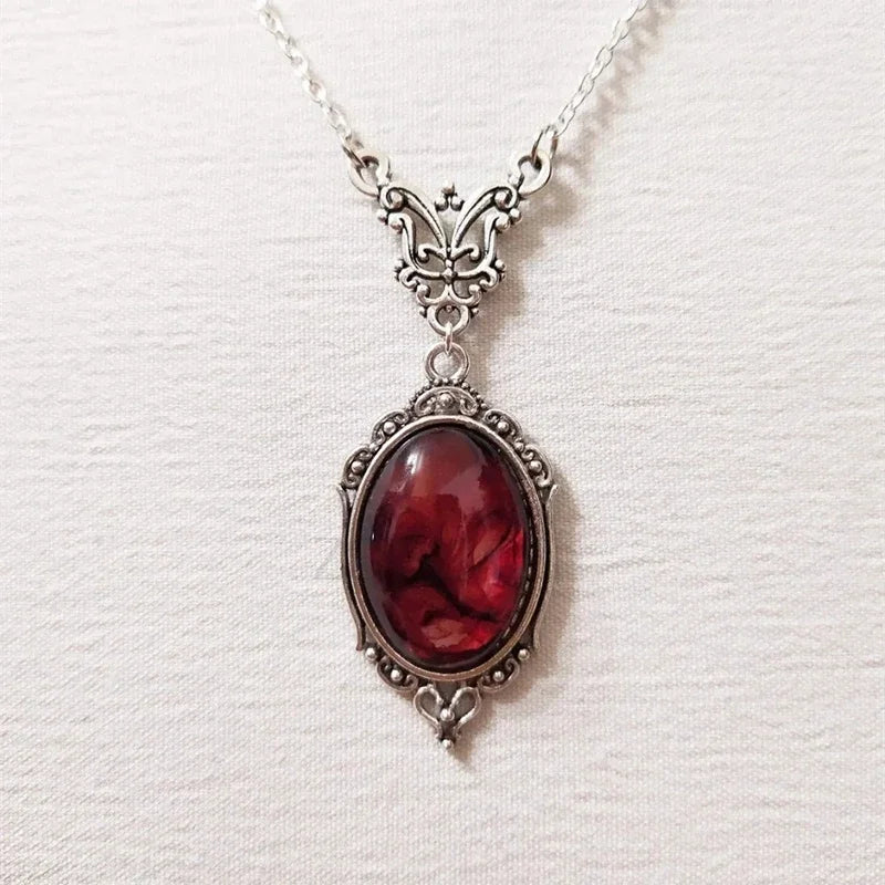 Gothic Blood Red Quartz Charm Necklace – Vintage Skeleton Pendant for Women