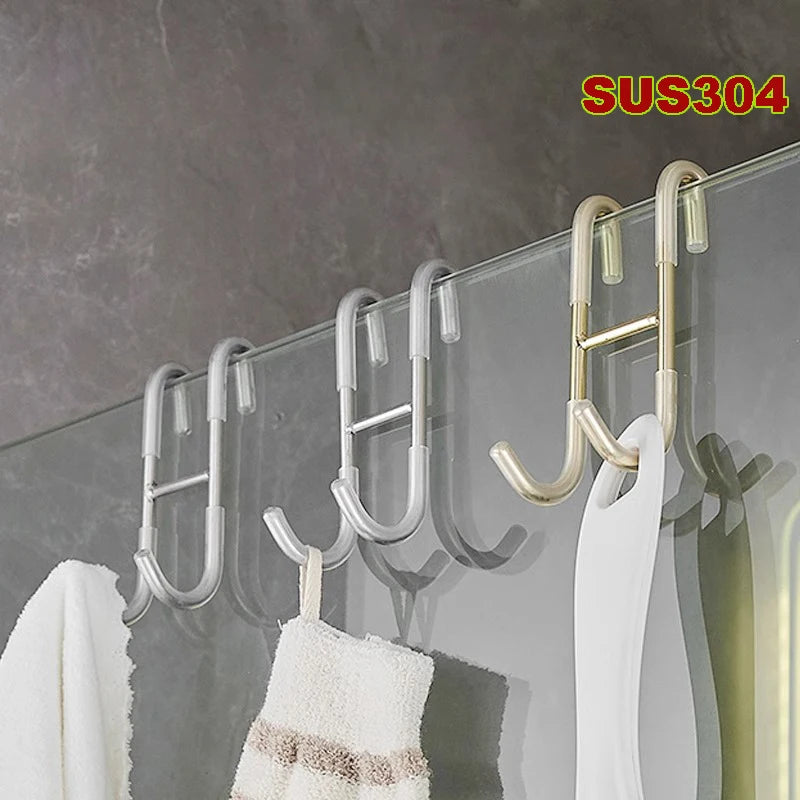 Gancho para puerta de vidrio de acero inoxidable 304: colgador de toallas y ducha sin perforaciones para almacenamiento en baños y cocinas 
