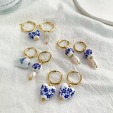 Blue Floral Pearl Dangle Earrings - Asymmetric Ceramic Bead Huggie Hoops