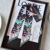 Elegant Twill Silk Ribbon Scarf – Elephant Print Long Hair & Bag Accessory