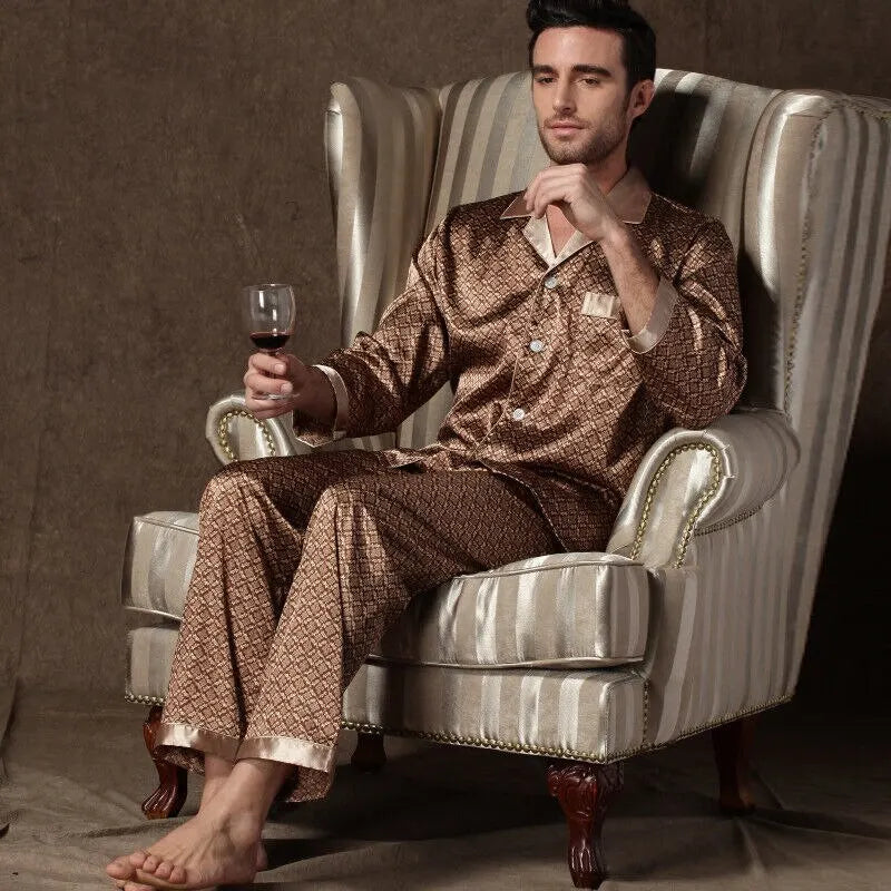 Men’s Floral Satin Pajama Set – Soft Polyester Sleepwear with Button-Down Shirt & Elastic Waist Pants